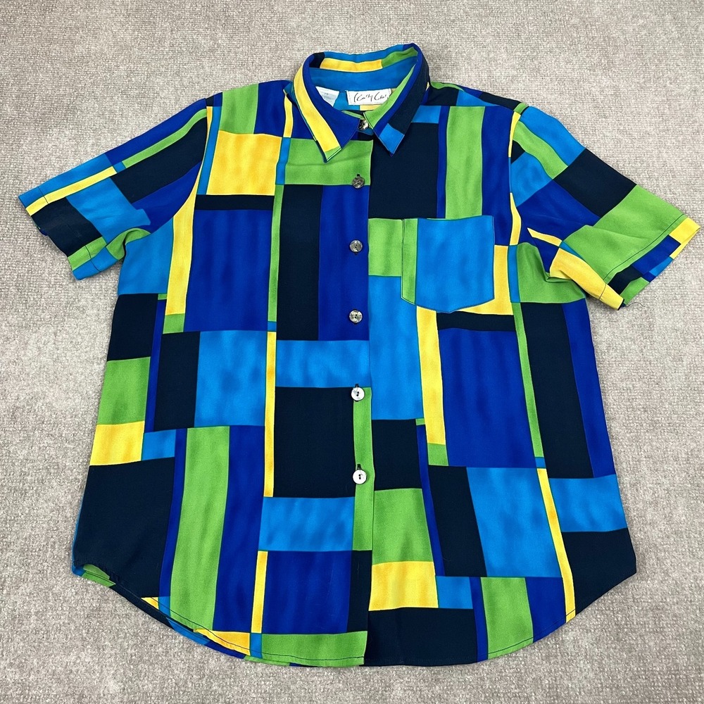 Kathy Che Blouse Top Womens 12 Multi Colorblock Short Sleeve Button Front Pocket